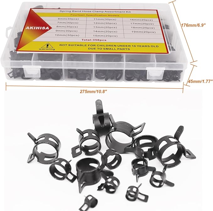 AKIHISA 350 Pcs 6-19mm Spring Hose Clamp, Spring steel 65Mn Fuel Hose Clamp, 14 sizes for Silicone Vacuum Fuel Oil Hose Line Clamps