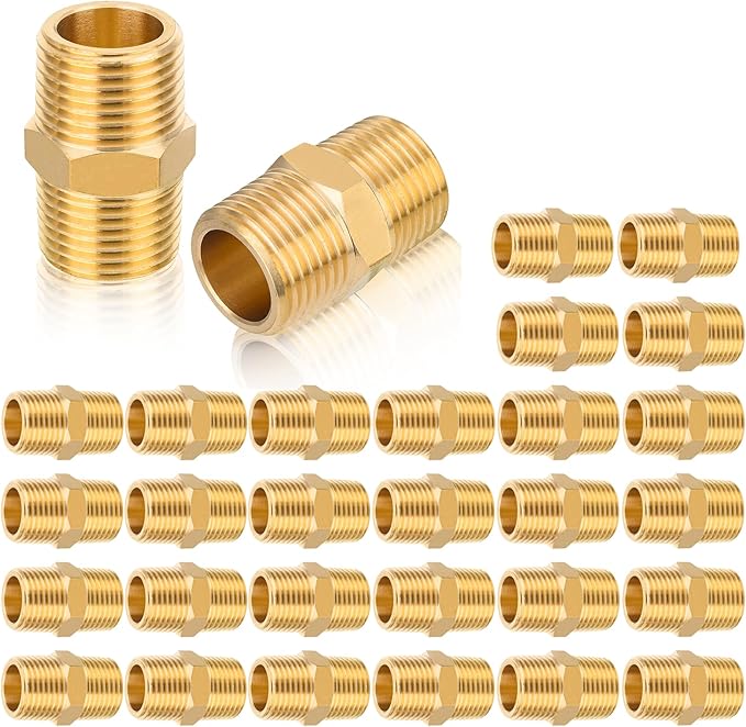 30-PCs HeSun Brass Hex Nipple Pipe Fitting, 3/8" NPT Male x 3/8" NPT Male Nipple Pipe Adapter(NPT012-30)