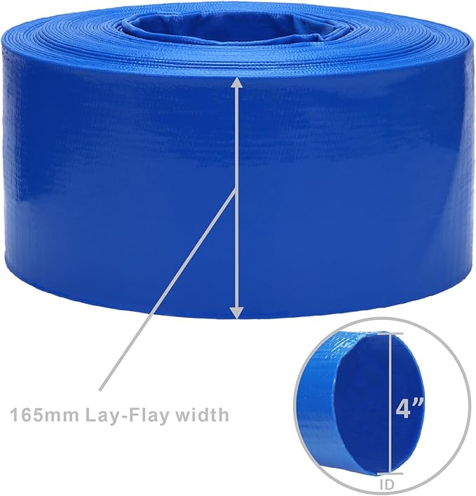 Lay-Flat Pool Backwash Hose - 4" x 100Ft Reinforced Heavy Duty PVC Discharge Hose Weather-Proof Vinyl Pool Drain Hose for Water Transfer with 2 clamps
