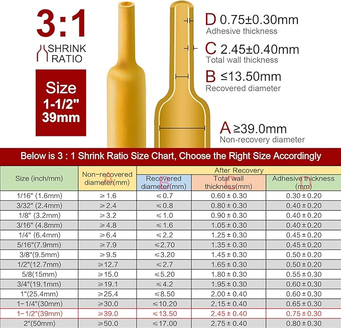 Chanzon 3:1 Ratio - 80ft Roll - Heat Shrink Tubing 1-1/2" (39mm) - Marine Grade Waterproof Adhesive Lined - (25M Total Length) Yellow Polyolefin Sleeving Wrap Shrinking 3 to 1 Ratio 1pcs