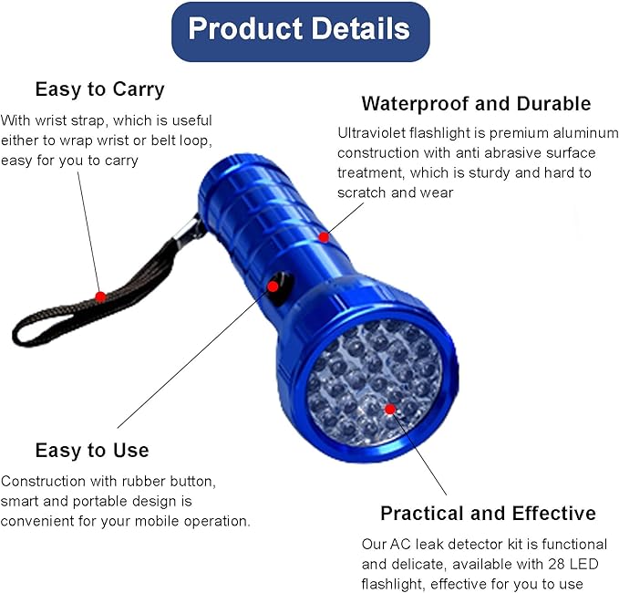 AC Leak Detector Kit Automotive, Auto Air Conditioner Flashlight Leak Detector Tool , Fluorescent Protective Glasses Air Conditioning Accurate Leak Detector Kit, UV Oil Dye Leak Detection Kit (L)
