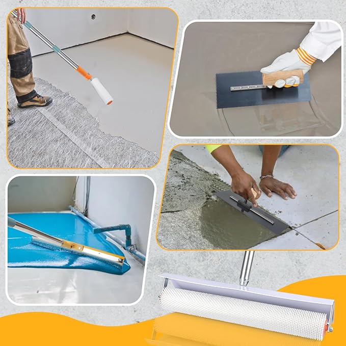 Self Leveling Tool Kits, Floor Rollers With Extensions Stainless Steel Trowels Self Leveling Rakes Shoes With Spikes Epoxy Flooring Tools Cement Concrete Self Leveling Tool Kits (8PCS)