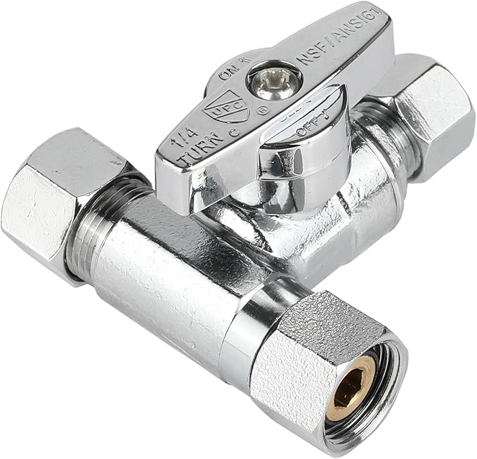 (Pack of 20) EFIELD 1/4-Turn Stop Tee Compression Stop Valve, 3/8" OD x 3/8" OD x 3/8" Com OD, Chrome Plated Brass, UPC Certified,(VALVE465-20PCS)
