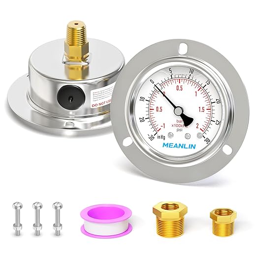 MEANLIN MEASURE -30inHG~30Psi Liquid Filled Pressure Gauge Front Flange Panel Mount, 1/4" NPT 2.5" FACE DIAL Stainless Steel Case with Phillips Screw, Nut and Brass Hex Bushing, +/-3-2-3%