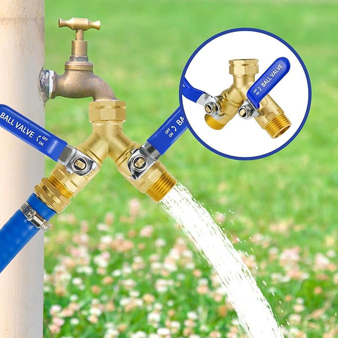 Brass Hose Splitter 2 Way Heavy Duty GHT 3/4 Garden Hose Y Splitter with Shut off Valves, Full Flow Hose Bib Splitters Dual Hose Diverter Connector for Outdoor Faucet/Water Spigot