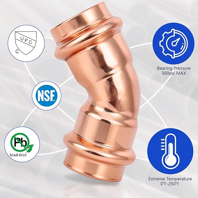 Copper Press Fittings 3/4 Inch 45-Degree Elbow, No-Lead Plumbing Pipe Connector | Compatible with Copper Pipes, Water Supply & Hydronic Heating Systems | Durable Press Fit Design, 10-Pack