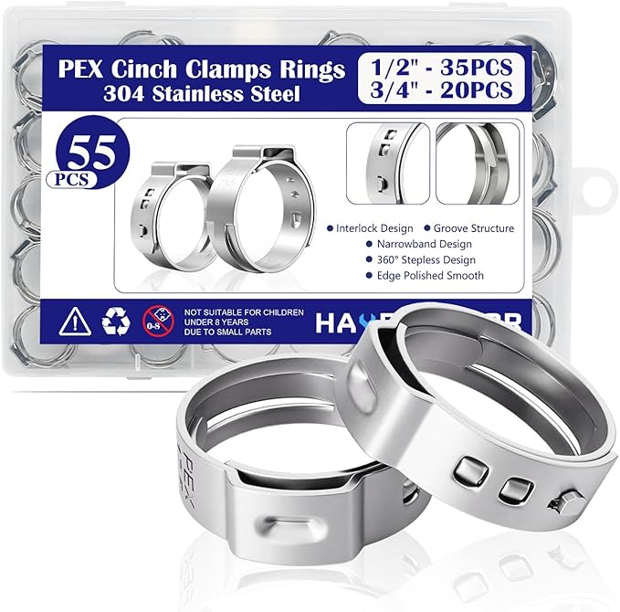 55PCS 1/2" 3/4" PEX Crimp Rings Clamps Kit 304 Stainless Steel PEX Fittings 35PCS 1/2inch + 20PCS 3/4inch HE062-KIT