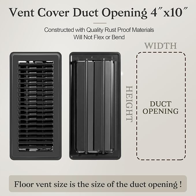 4 PCS Floor Vents Floor Registers 4x10 inch, Heavy Duty Metal Heat Air Vent Covers 4 X 10 with Rust Proof Finish for Home Office Wall Floor Registers Grilles & Vents (4, Black, 4x10 Inches)