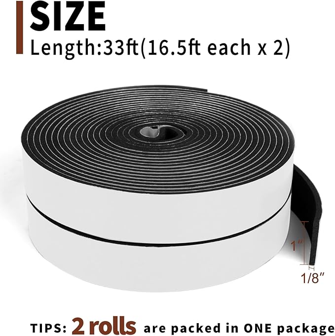 Yotache Foam Strips Adhesive 2 Rolls 1" x1/8", Neoprene Weather Stripping High Density Foam Tape Seal for Doors and Windows Insulation, Total 33 Feet Long (2 X 16.5 Ft Each)