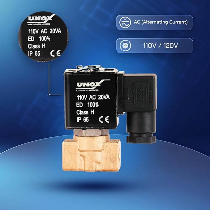 UNOX 1/4" NPT Solenoid Valve 110V AC, Brass Control Valve Normally Closed - 0-232 PSI Multi-Purpose Reliable Control Valve for Water, Air, and Gas - Solenoid Valves