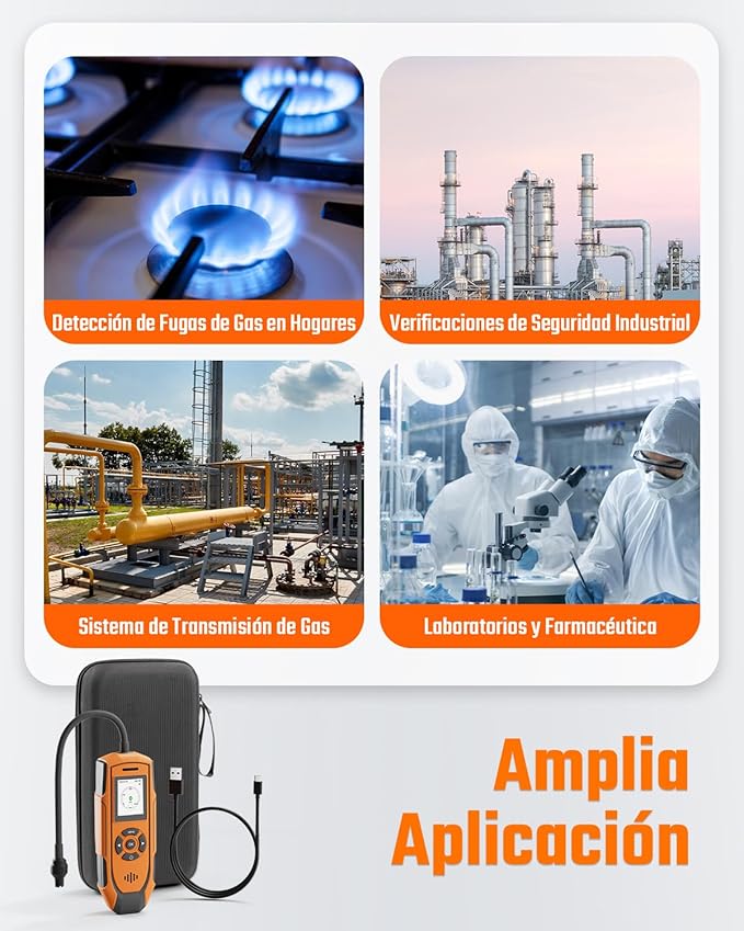 TopTes PT-990 Rechargeable Gas Leak Detector with 11 inch Probe, Detection Range 0-10000 ppm, Data Logging & 3 Types Alarm, Natural Gas Detector for Propane, Methane for Industrial & Home - Orange