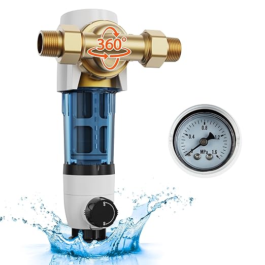 VEVOR Spin Down Sediment Filter, 360 Mountable, 4th Gen Backwash Pre-Filtration, Bi-Side Scraper Flush, 20 GPM Reusable Whole House Water Filter, Pressure Gauge, 3/4" MNPT