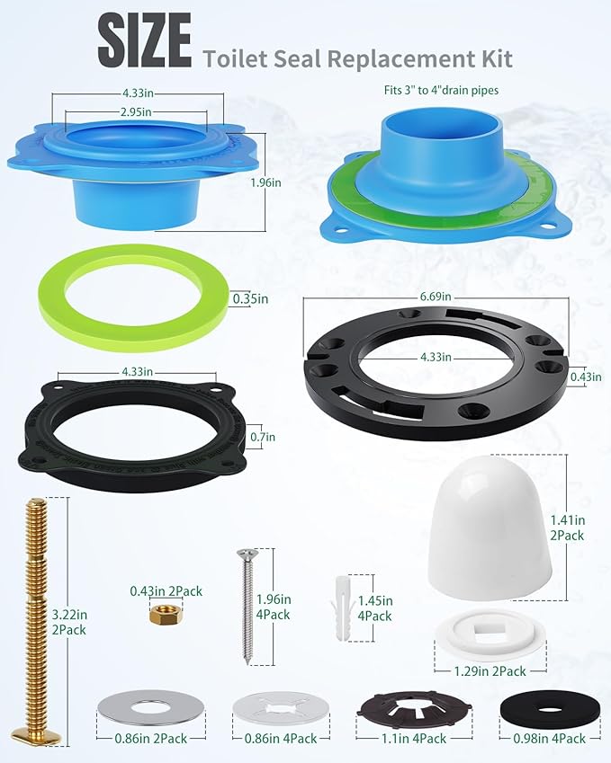 Toilet Flange Repair Kit- Include Flange & Elastic Wax Ring Gasket with Brass Bolts and Hardware, Universal Rubber Toilet Wax Ring Replacement Kit, Better Than Wax Toilet Seal