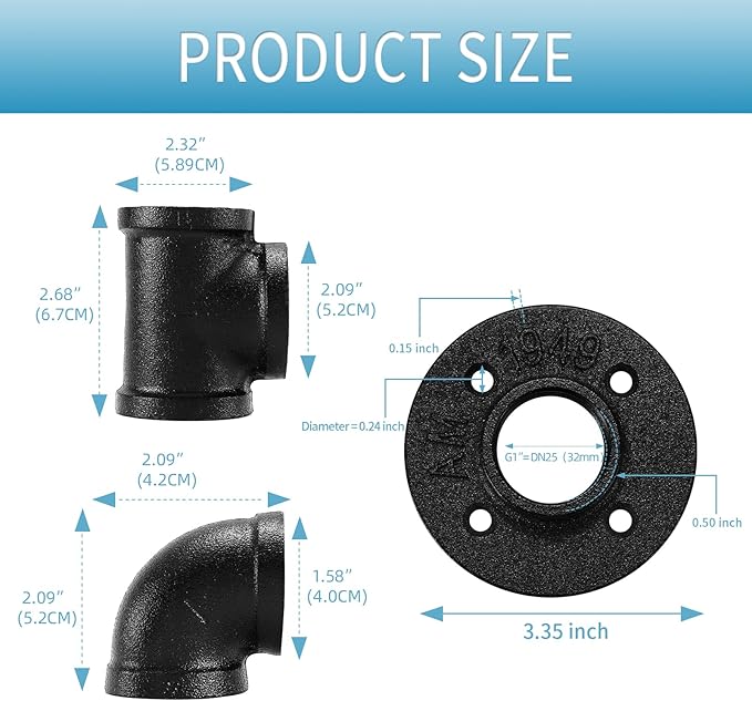 1" Black Pipe Fitting, 30 Pack 1" Black Floor Flange/Elbow/Tee Combo for Industrial vintage style, Flanges/Elbow/Tee with Threaded Hole for DIY Project/Furniture/Shelving(30, Black 1")