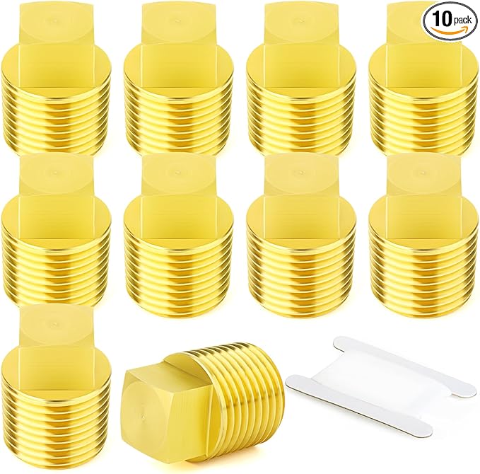 GASHER 10PCS Brass Square Plug 1/8" NPT Male Brass Drain Plug Pipe Fitting