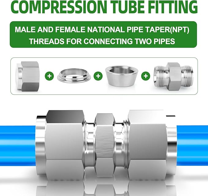 TAISHER 5PCS 304 Stainless Steel Compression Tube Pipe Fitting Connector, 1/2" Tube OD x 1/2" Tube OD Straight Adapter