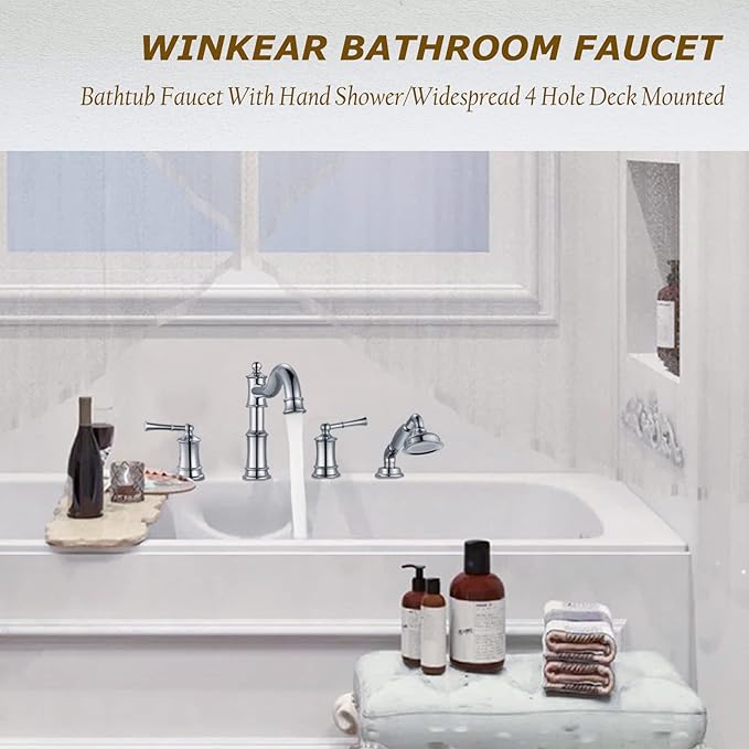 Roman Bathtub Faucet Set With Hand Shower 4 Hole Deck Mount Tub Filler With Diverter, 2 Lever Handle Rough-in Valve and Water Supply Lines Included for Bathroom Tub, Chrome
