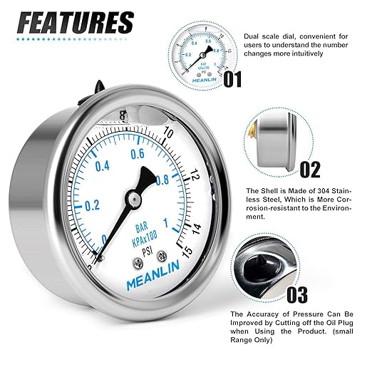 MEANLIN MEASURE 0~15Psi Stainless Steel 1/4" NPT 2.5" FACE DIAL Liquid Filled Pressure Gauge WOG Water Oil Air Center Back Mount, with 1/4" x 1/2" NPT and 1/4" x 3/8" NPT Hex Bushing