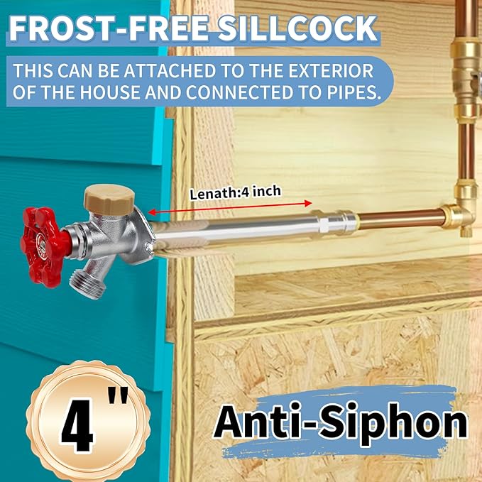 Boltigen 4inch Anti-Siphon Frost Free Sillcock, No Lead Brass Frost Proof Outdoor Faucet Bib with Backflow Preventer, 1/2" Push-to-Fit Connector X 3/4 Inch Hose Bibb Frost Free Spigot