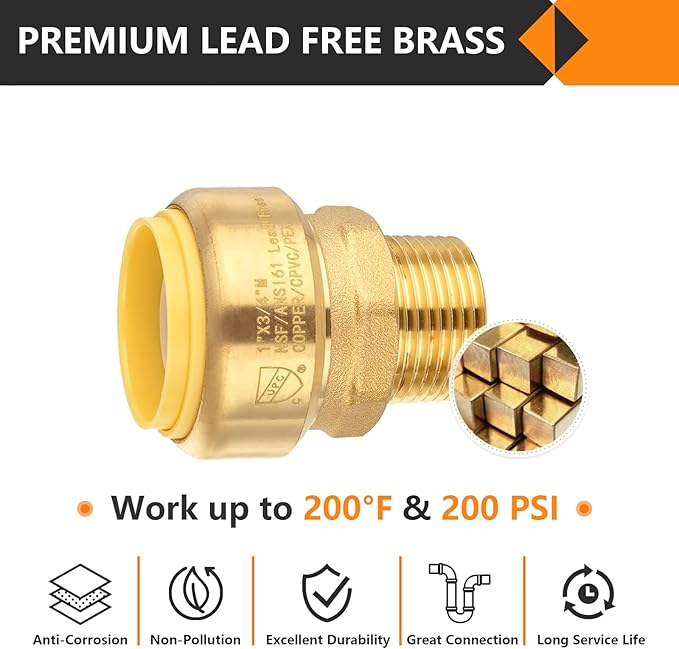 10-Pack HeSun Pushfit Male Adapter, 3/4" MNPT x 1" Push to Connect Plumbing Fittings with Disconnect Clip, Brass Push-fit Fittings for PEX, Copper, CPVC, PE-RT Pipes(PF150-10)