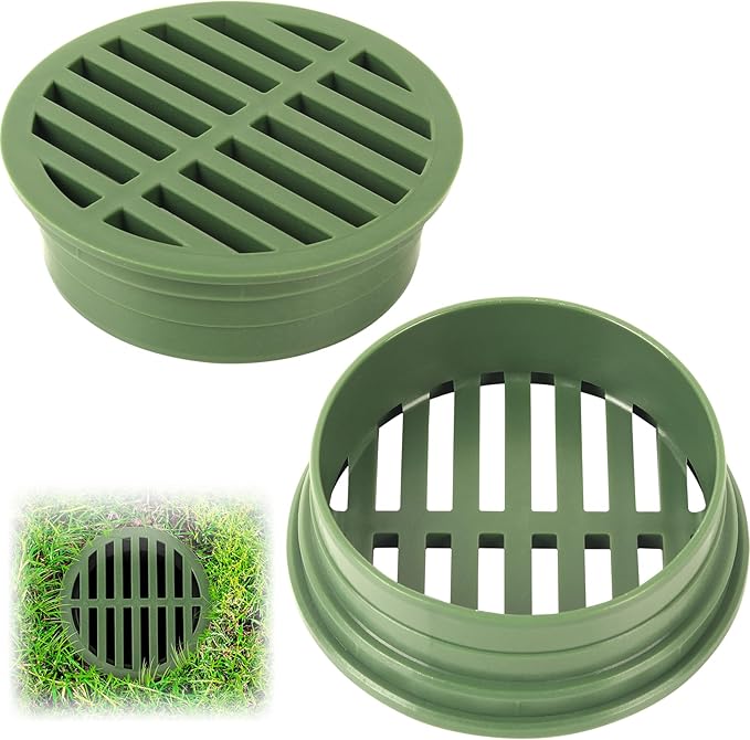 (2-Pack) Calvana 4” Plastic Round Drainage Grate Cover, Fits 4” Pipes, Prevents Debris, Ideal for Lawns, Patios, and Walkways, Durable UV-Resistant Plastic, Easy Installation, Green