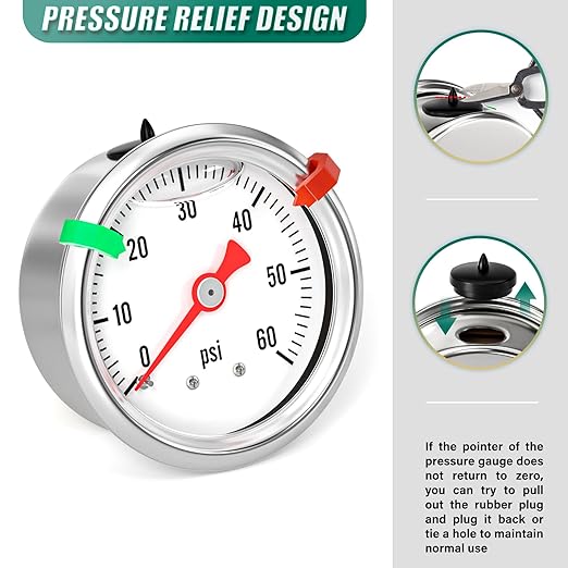 0-60psi Stainless Steel Glycerin Liquid Filled Pressure Gauge 1/8" NPT 1.5" Face Dial, Center Back Mount, for Water, Oil and Air Pressure Testing (with Range Mark Pointer)