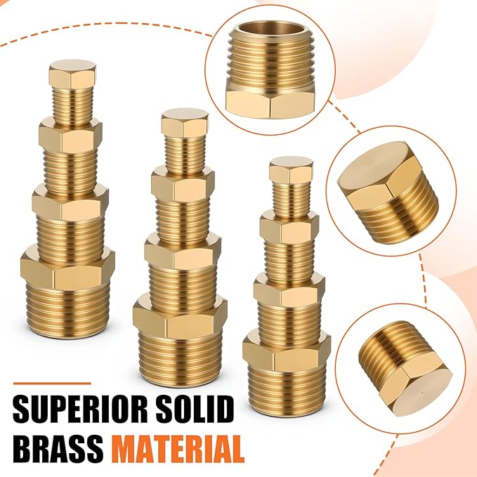 24 PCS Brass Plugs Fitting Brass Hex Pipe Plug Fittings Kits 1/8" 1/4" 3/8" 1/2" NTP Plug Male Threaded
