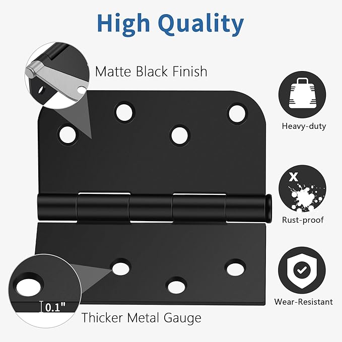 12 Pack Matte Black Door Hinges 4 Inch, Exterior Door Hinges with 5/8" Radius & Square Corners, Removable Pin, Perfect for Heavy-Duty Front & Back Door, Anti-Rust & No Squeaks