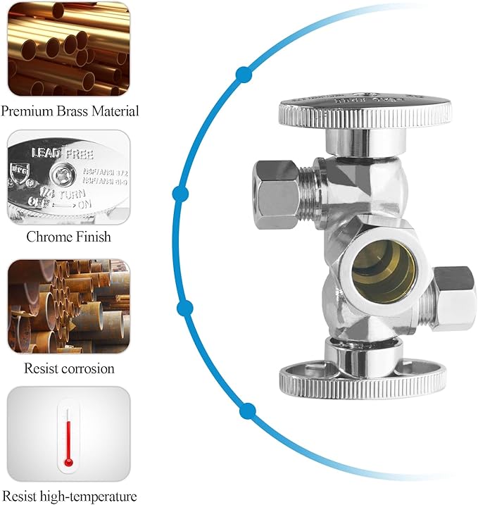 WiseWater Dual Shut Off Valve 5/8" O.D Comp x 3/8" O.D Comp x 3/8" O.D Comp Water Shut Off Valve, 1/4 Turn Double Angle Stop Valve for Refrigerator, Ice Maker, Coffee Brewers, Water Filters (1 Pack)