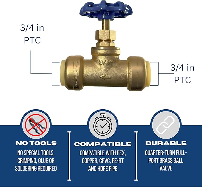 XFITTING 3/4 inch Push Fit Stop Valve with Drain and Vent, Push to Connect Brass Plumbing Fitting, Pex Pipe, Copper, CPVC, PE-RT, HDPE, 2-5-2=5, 5 Pieces