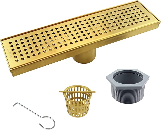Linear Shower Drain 12", 304 Stainless Steel Floor Drain with Grid Drain Cover & Hair Strainer, Rectangular Shower Drain w/CUPC Certified, Brushed Gold