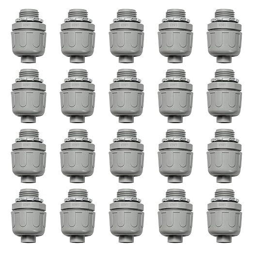Conduit Connectors, 1/2 Inch Liquid Tight Connector NPT Non-Metallic for PVC Electrical Flexible Conduit Fittings, 180 Degree Straight, UL Listed for Home Outdoor Tubes Tools, Grey (20-Pack)