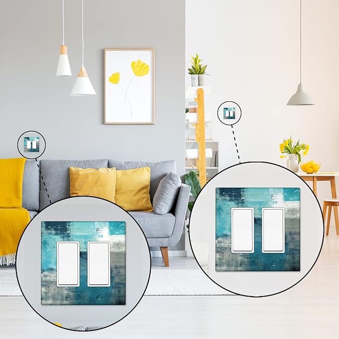 Turquoise and Grey 2-Gang Rocker Wall Plate Cover Teal Abstract Art Decorative Light Switch Cover Modern Electrical Outlet Covers Kitchen Accessories & Decor