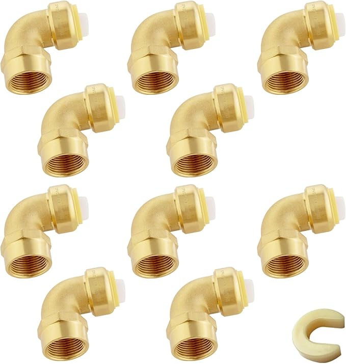 Push-fit Female Elbow,3/4" x 3/4" FNPT Female Threaded Elbow with Disconnect Clip, Push Fittings for Copper, PE-RT, CPVC Pipe(Pack of 10)