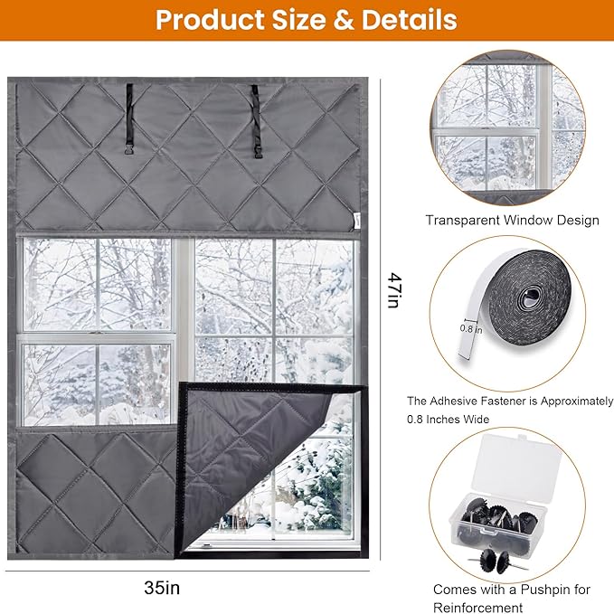 Window Insulation Cover Kit for Winter - 3 Layer 47"x35" Visible Thermal Insulated Windows Curtain with Kits for Winterizing, Large Oxford Cloth Window Cover Film with Heavy Cotton for Home Rv Door