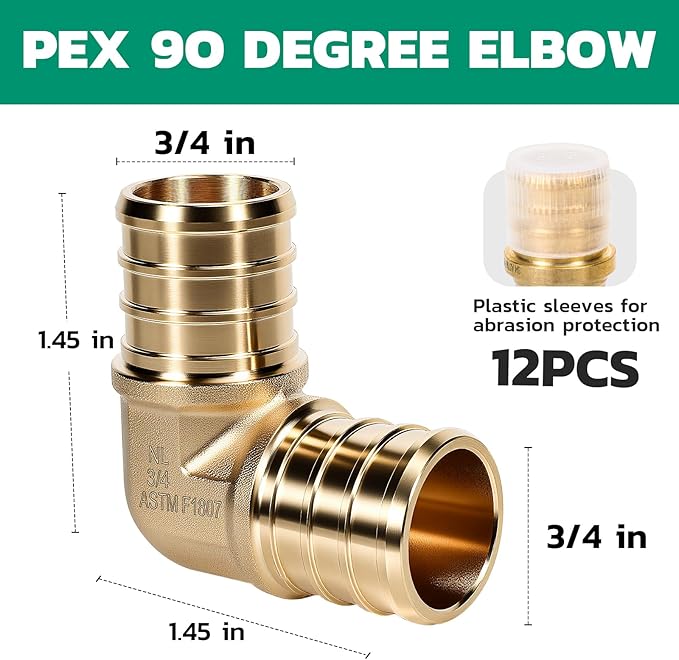 PEX Fittings 3/4 Inch, 12PCS Elbow Lead-Free Brass Connectors for PEX B Pipe, NSF UPC Certified, ASTM F1807, Compatible with Crimp/Clamp Rings (Hot/Cold Water, Hydronic Heating)
