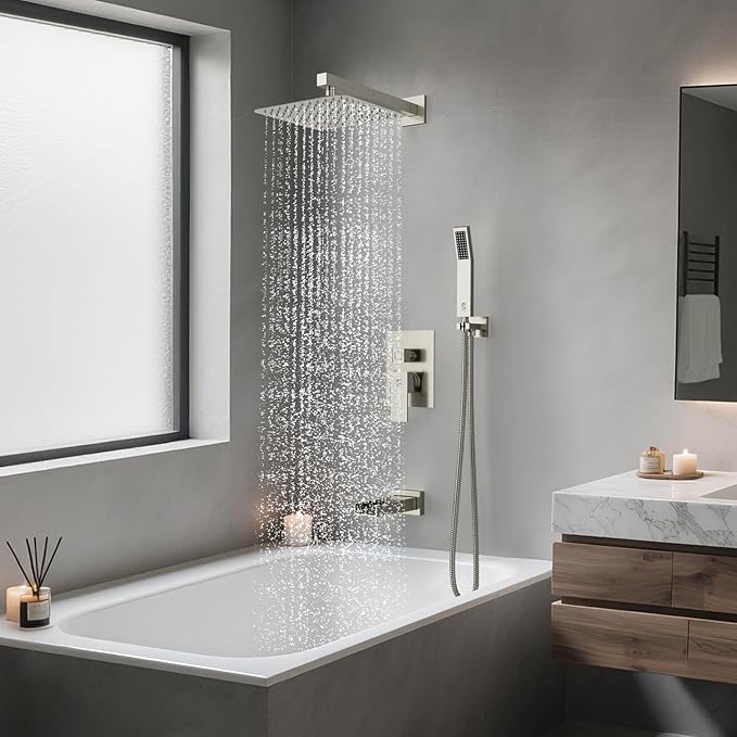 SR SUN RISE 10 Inches All Metal Bathtub Faucet Set Shower System with Tub Spout Square Rain Shower Head and Handheld Combo Shower Fixtures, Modern Valve and Trim Kit, Brushed Nickel