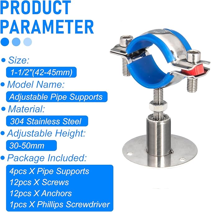 Kodilin 4PCS 304 Stainless Steel Wall Mount Ceiling Mount Pipe Supports,Suitable for OD Pipe 1-1/2"(42-45mm),Adjustable Height 30-50mm,Adjustable Pipe Strap Clamp with Screws