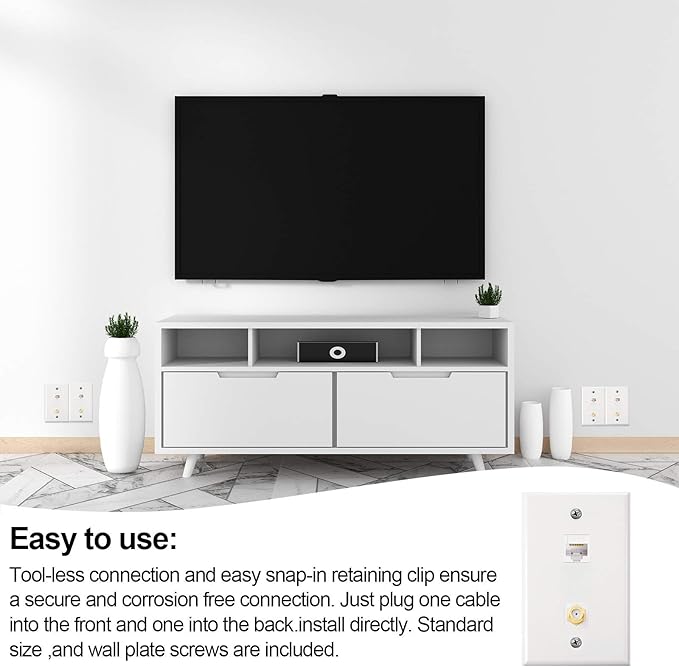 Weewooday 8 Pieces Cat 6 Ethernet Wall Plates, Cat 6 Coax Wall Plate with Ethernet Port and Gold-Plated TV Coax F-Type Port (White)