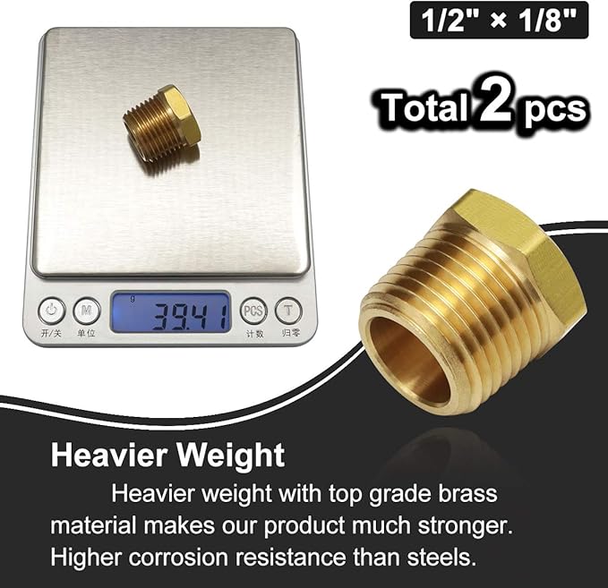 1/2 Inch NPT Male Thread to 1/8 Inch NPT Female Reducing Brass Pipe Fitting Hex Head Hose Tube Bushing Adapter Convert Pack of 2