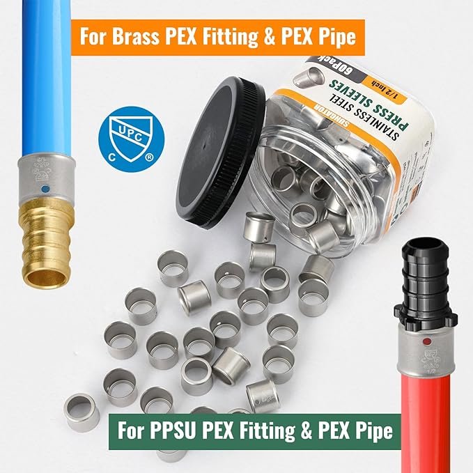60 Pack 1/2" Pex Stainless Steel Press Sleeves, SUNGATOR 1/2'' Press Sleeves for 1/2 Inch Pex Pipe, Brass or Poly PPSU Pex Fittings