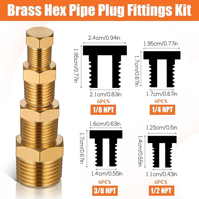 24 PCS Brass Plugs Fitting Brass Hex Pipe Plug Fittings Kits 1/8" 1/4" 3/8" 1/2" NTP Plug Male Threaded