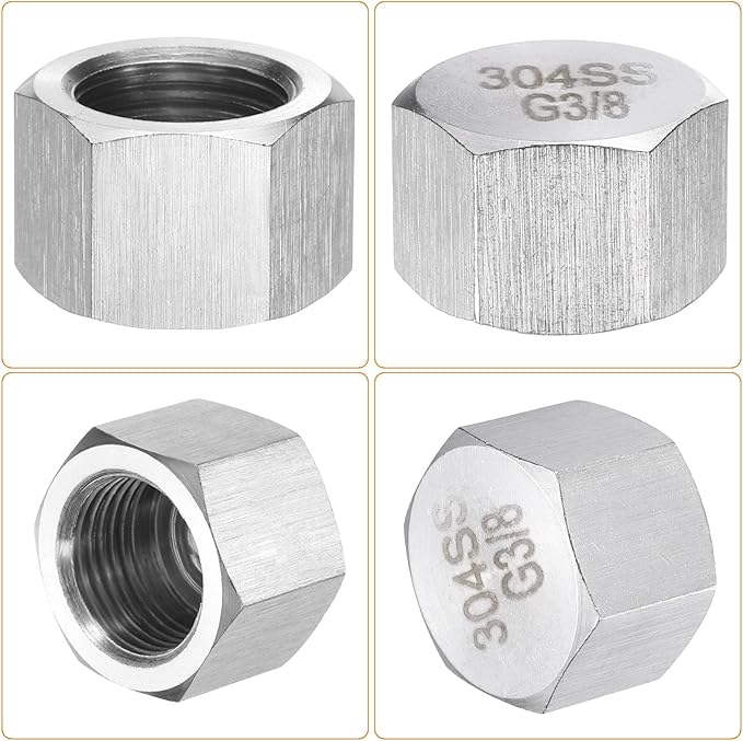 uxcell 4pcs Hex End Cap 304 Stainless Steel Nut with Washer, G3/8" Female Thread Pipe Fitting, Gas Line Water Line Stop Valve Cap Tubing Ends for Plumbing Fittings, Silver Tone