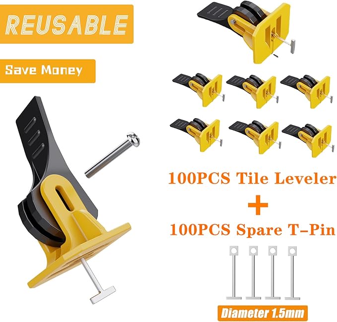 Tile Leveling System Kit Tile Spacers 100pcs Reusable Leveler+Extra 100pcs Replaceable Steel Pin Tlie Tools Installation Set Floor Leveling Compounds 1/8", New Adjustable Fit 8-12mm Tile