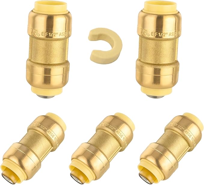5-Pack Niikappu Push Fit Fittings, 1 Inch x 1 Inch Brass Plumbing Fittings to Connect PEX, Copper, CPVC, Brass Straight Coupling With Disconnect Clip