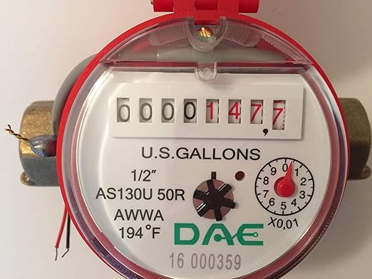 DAE AS130U-50RP 1/2" Hot Water Meter with Pulse Output, Measuring in Gallon + Couplings