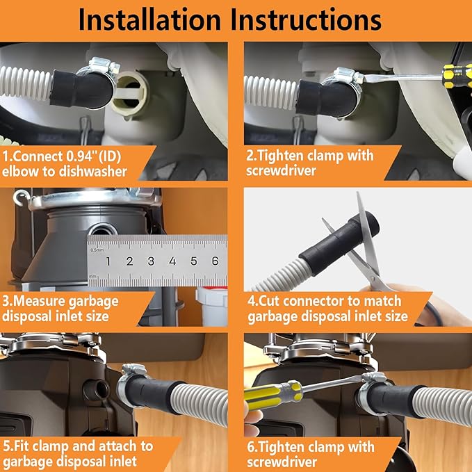 Dishwasher Drain Hose with ID 0.94 inch Elbow, 6 FT Flexible Dishwasher Discharge Hose with Clamps, Trim to Fit 5/8 Inch, 7/8 Inch, or 1 Inch OD Outlets