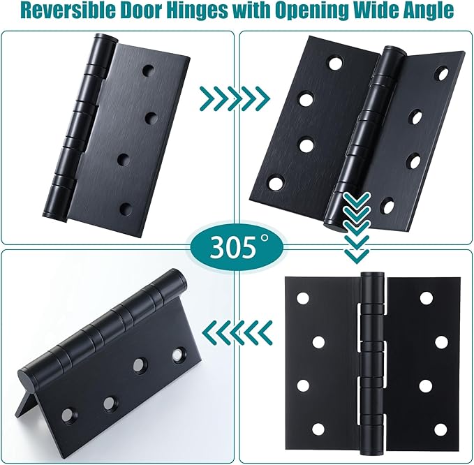 12 Pcs 4'' Ball Bearing Door Hinges Stainless Steel Heavy Duty Hinges 4 x 4 Inch Exterior Door Hinges with Square Corners (Black)