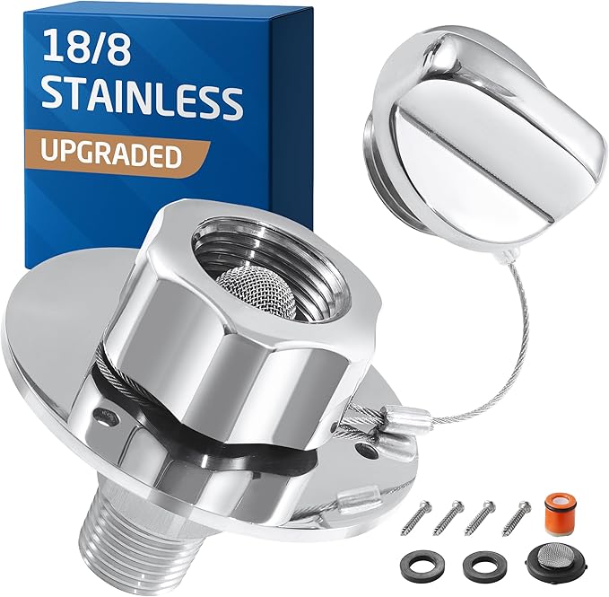 KES All Metal RV Water Inlet Connection with Check Valve, 18/8 Stainless Steel RV City Water Inlet Replacement, Upgraded Leak-Proof Design for Camper, Trailer, Marine & Boat, Chrome, RWI200-CH