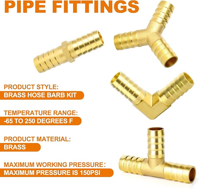 GASHER 8-Piece 3/8 Inch Brass Hose Barb Set, 90 Degree L Right Angle Elbow, Y-Shape Air Hose Connector, Tee Hose Connector, Multi-Purpose Fuel/AIR/Water/Oil/Gas/WOG